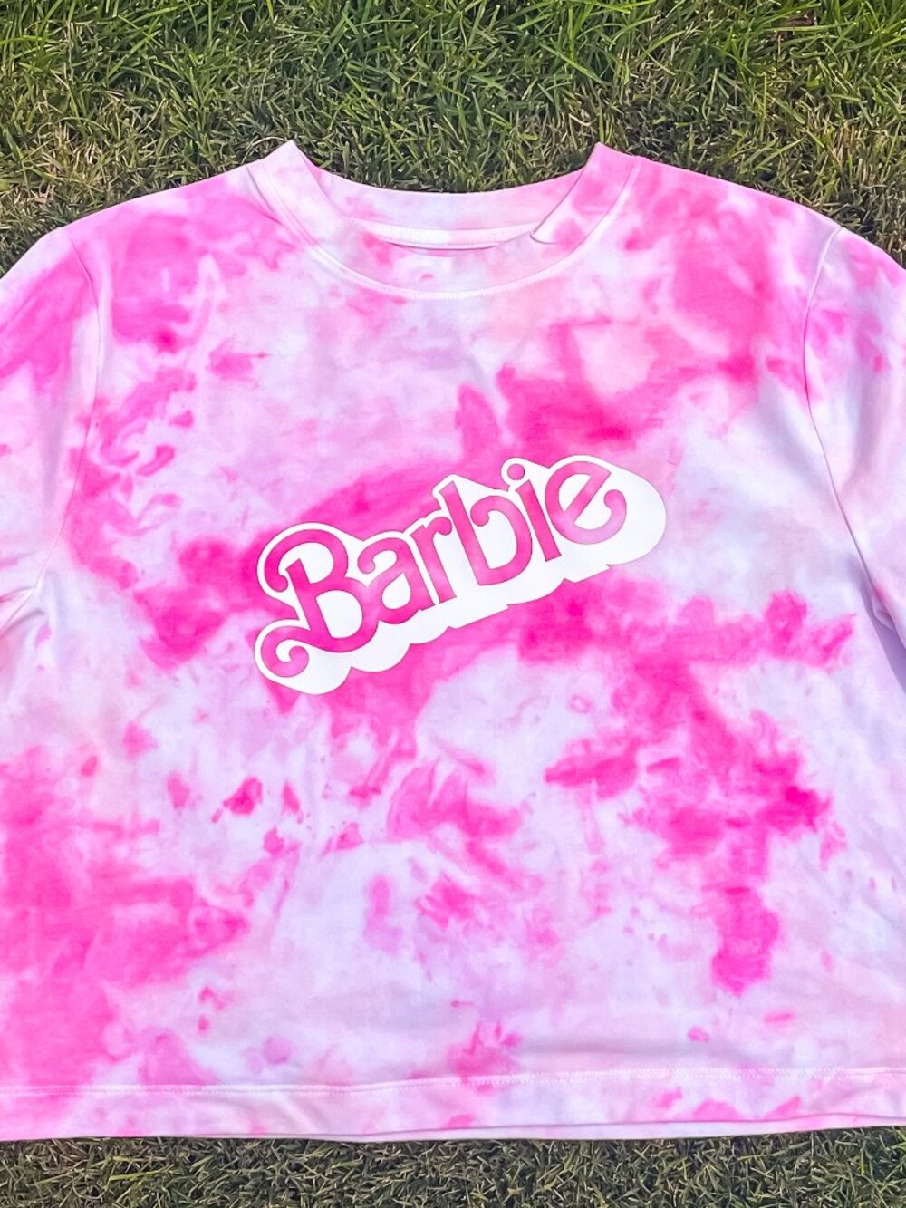 Adult Barbie Boxy Elbow Sleeve Pink Random Tie-Dye Crop Top